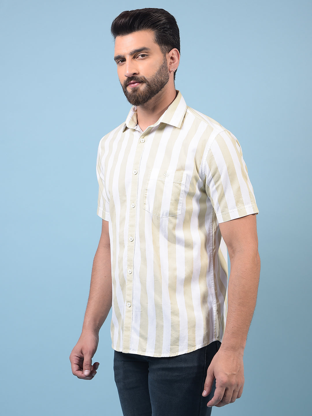 Men's Olive Vertical Stripes 100% Cotton Shirt-Men Shirts-Crimsoune Club