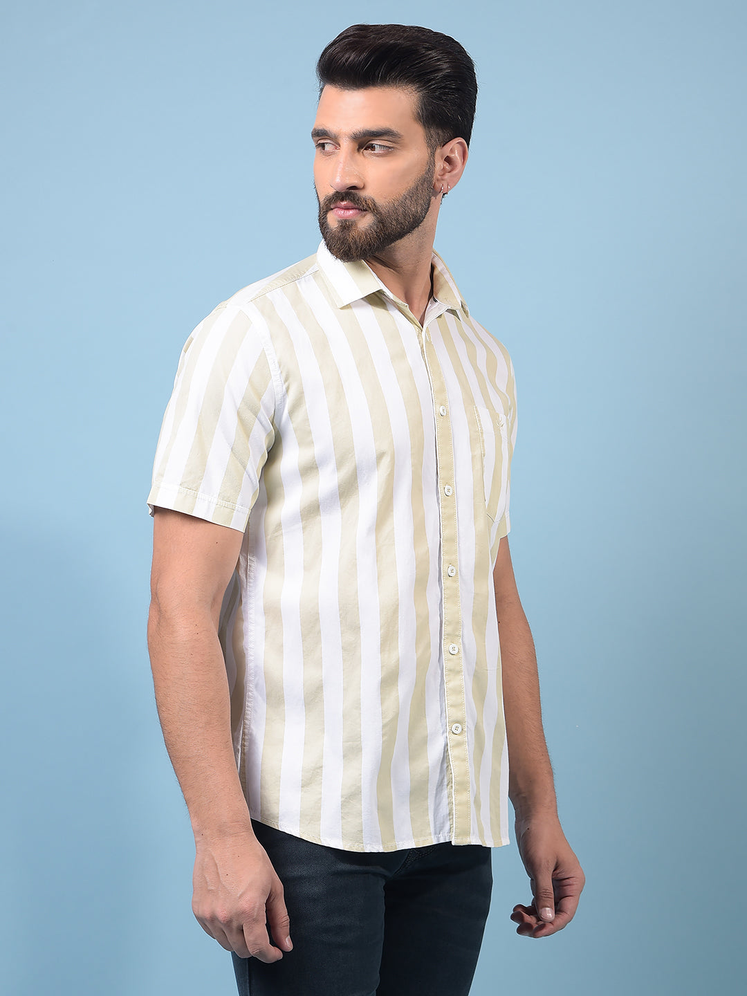 Men's Olive Vertical Stripes 100% Cotton Shirt-Men Shirts-Crimsoune Club