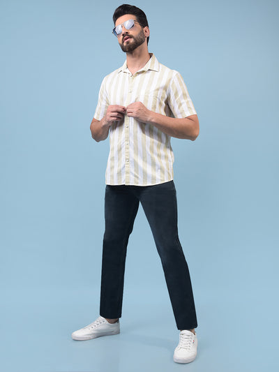 Men's Olive Vertical Stripes 100% Cotton Shirt-Men Shirts-Crimsoune Club