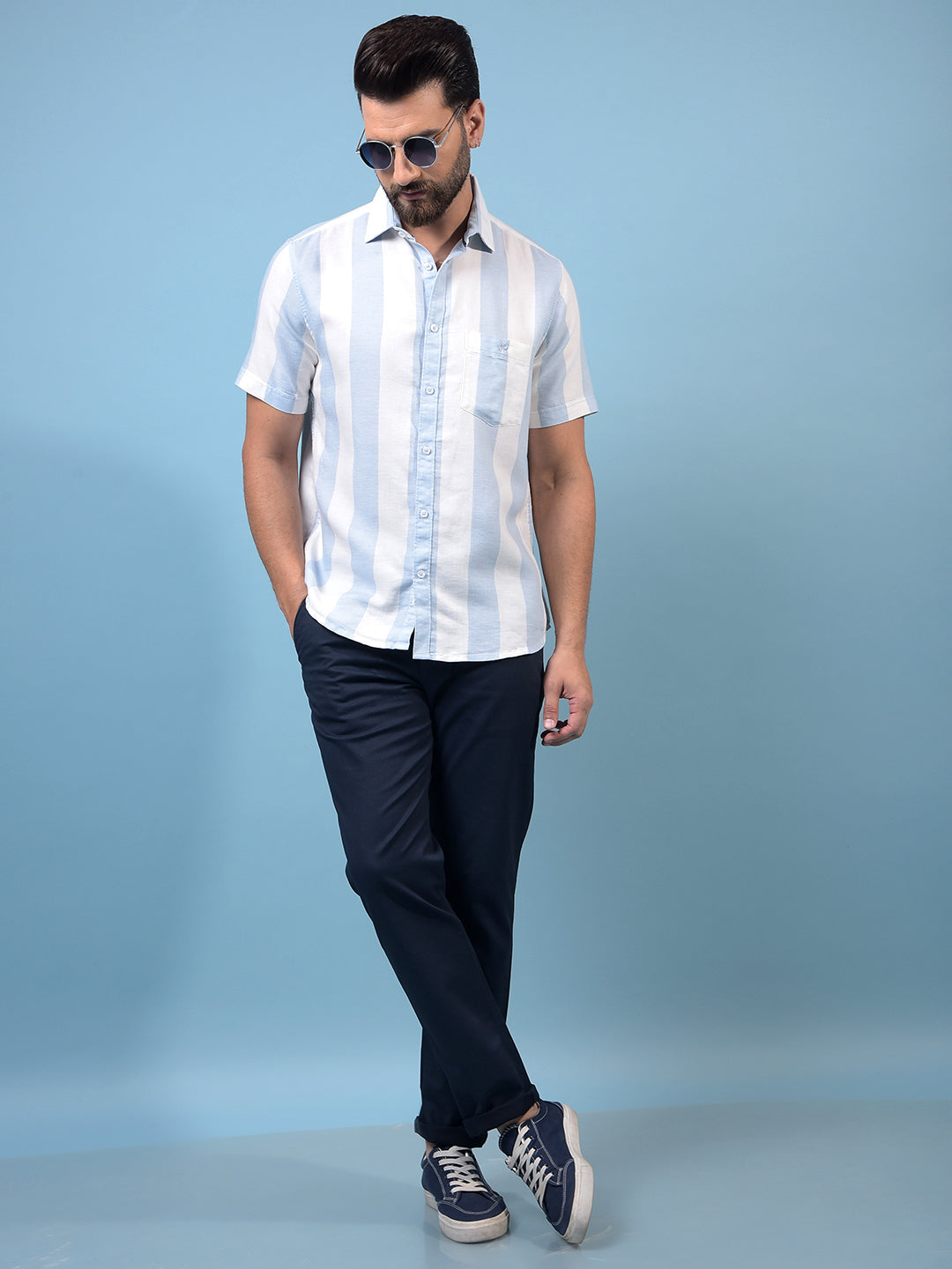 Men's Blue Vertical Stripes 100% Cotton Shirt-Men Shirts-Crimsoune Club