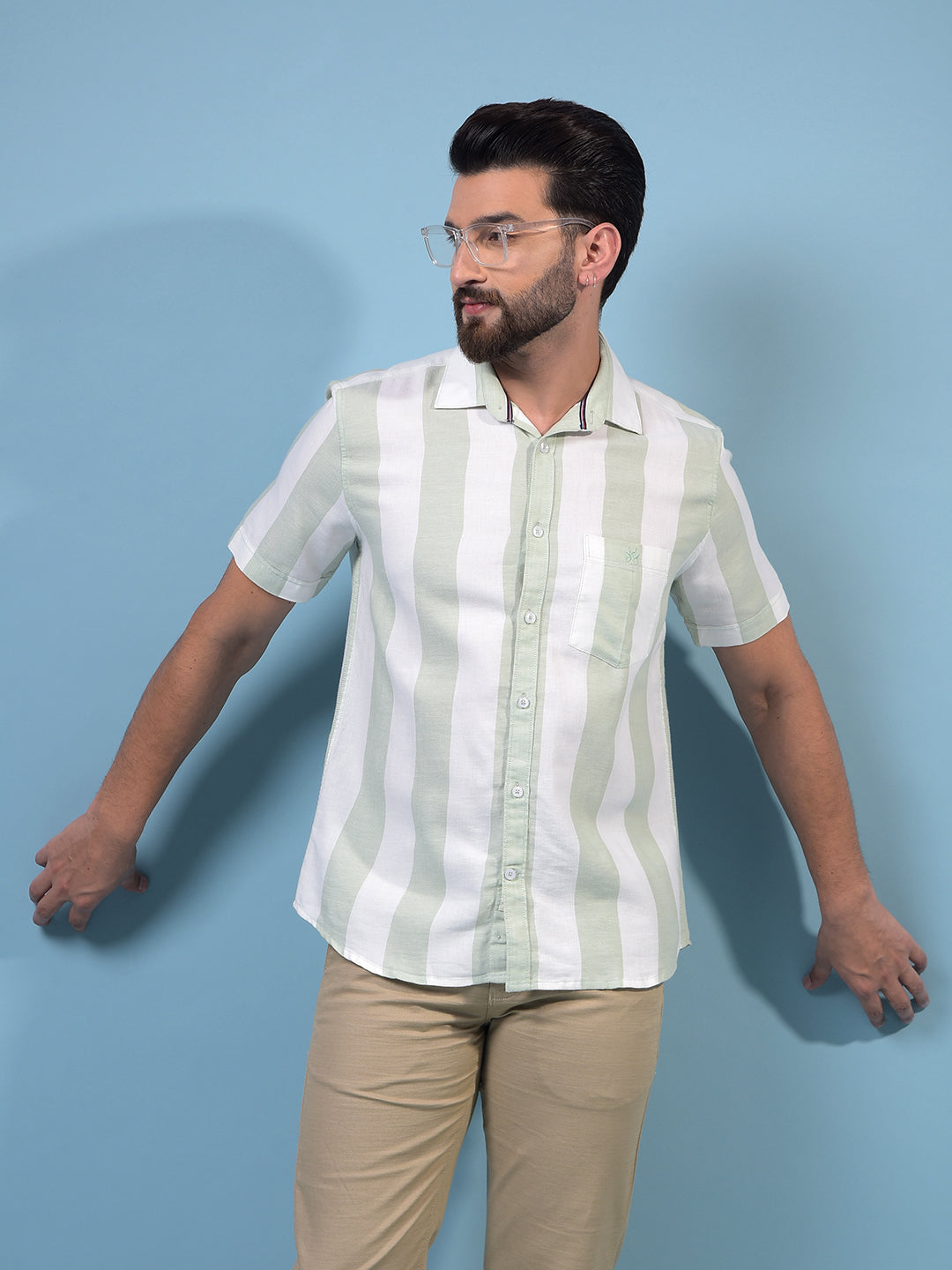 Men's Green Vertical Stripes 100% Cotton Shirt-Men Shirts-Crimsoune Club