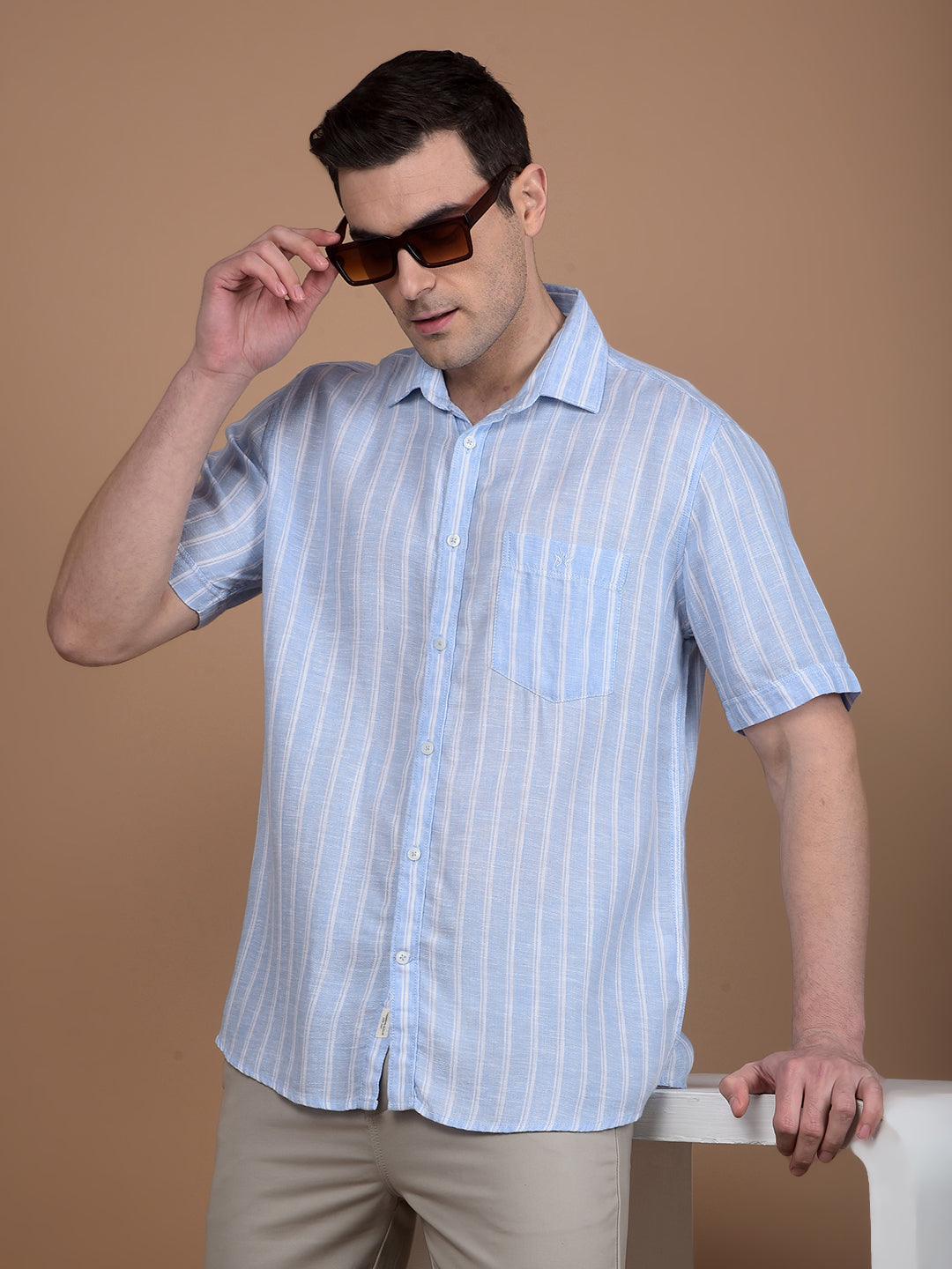 Blue Vertical Stripes Linen Shirt-Men Shirts-Crimsoune Club