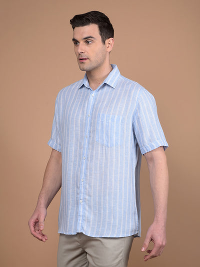 Blue Vertical Stripes Linen Shirt-Men Shirts-Crimsoune Club