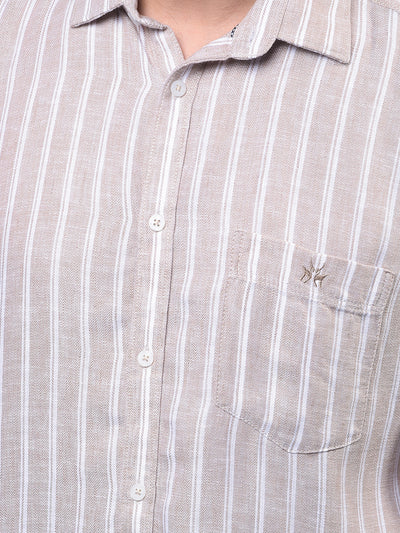 Men's Brown Vertical Stripes Linen Shirt-Men Shirts-Crimsoune Club