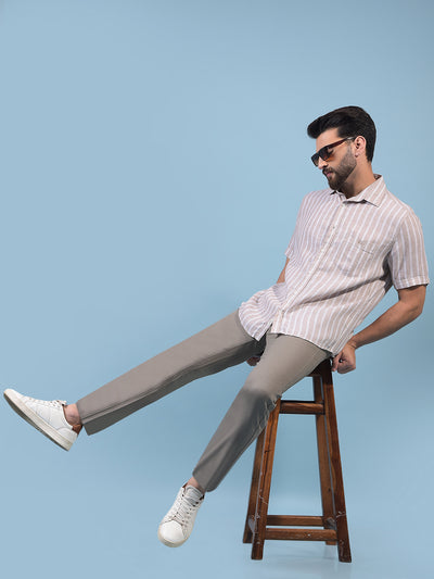Men's Brown Vertical Stripes Linen Shirt-Men Shirts-Crimsoune Club
