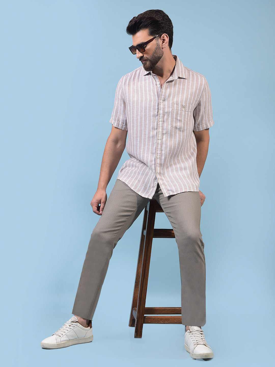 Men's Brown Vertical Stripes Linen Shirt-Men Shirts-Crimsoune Club