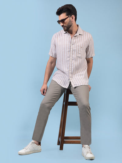 Men's Brown Vertical Stripes Linen Shirt-Men Shirts-Crimsoune Club