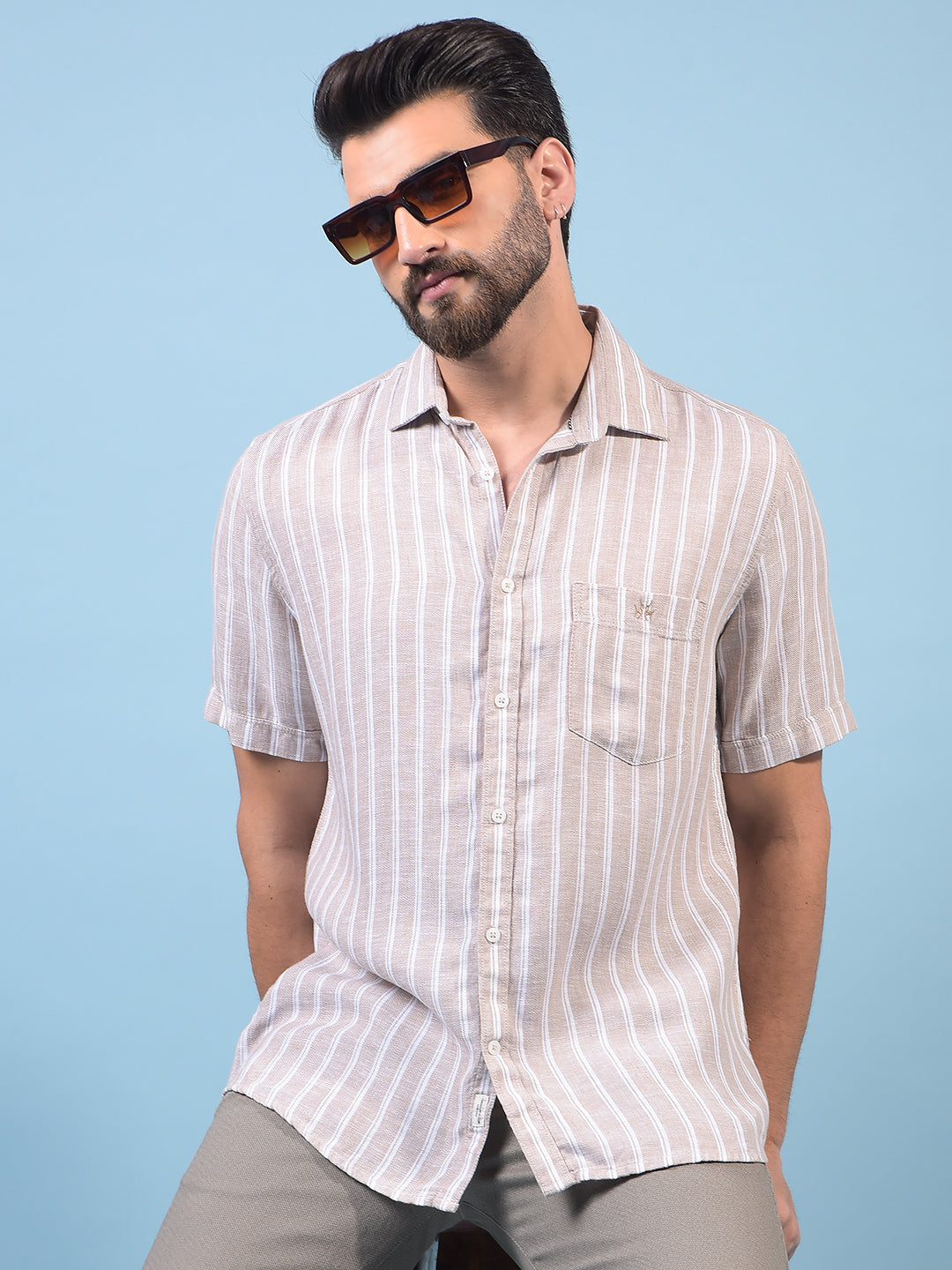 Men's Brown Vertical Stripes Linen Shirt-Men Shirts-Crimsoune Club