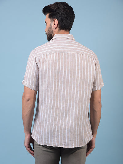 Men's Brown Vertical Stripes Linen Shirt-Men Shirts-Crimsoune Club