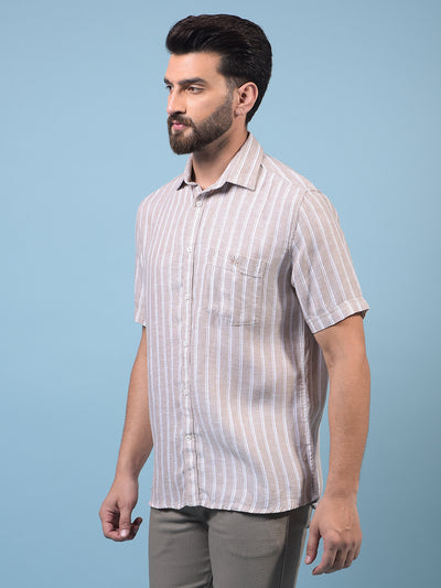 Men's Brown Vertical Stripes Linen Shirt-Men Shirts-Crimsoune Club