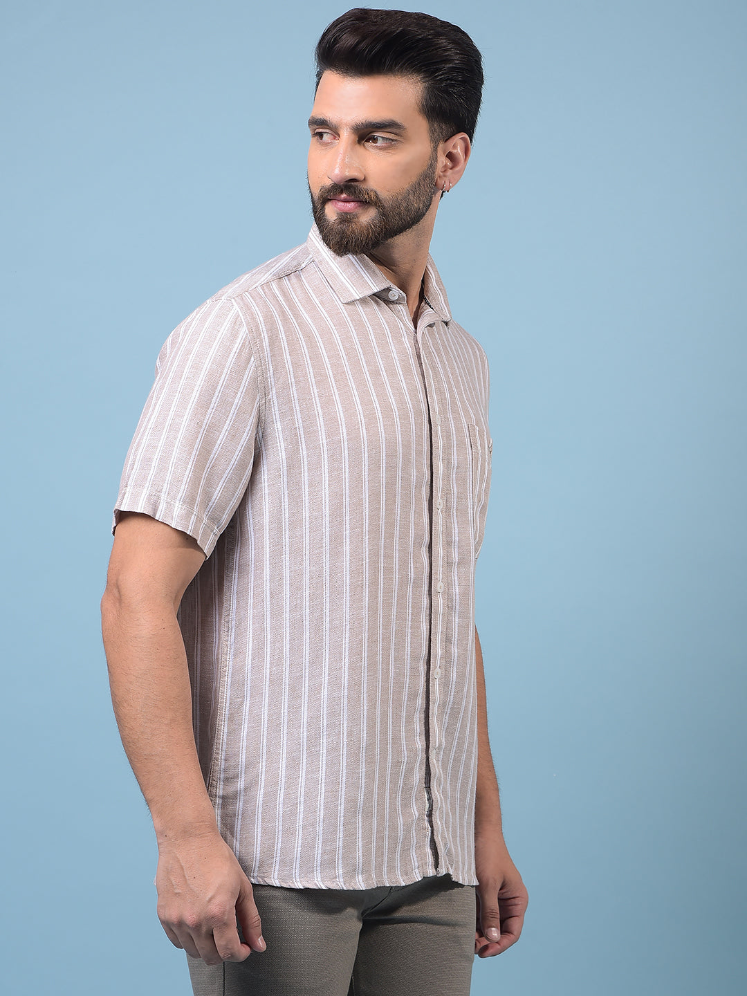 Men's Brown Vertical Stripes Linen Shirt-Men Shirts-Crimsoune Club