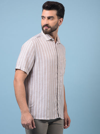 Men's Brown Vertical Stripes Linen Shirt-Men Shirts-Crimsoune Club