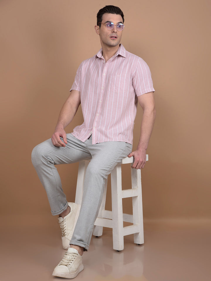 Pink Vertical Stripes Linen Shirt-Men Shirts-Crimsoune Club