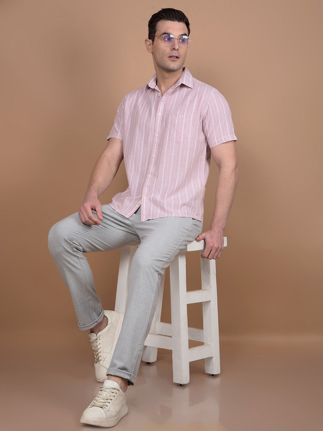 Pink Vertical Stripes Linen Shirt-Men Shirts-Crimsoune Club