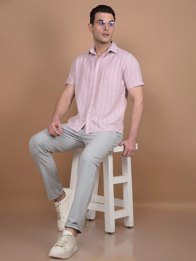 Pink Vertical Stripes Linen Shirt-Men Shirts-Crimsoune Club