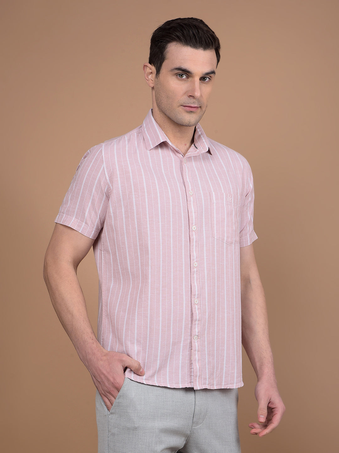Pink Vertical Stripes Linen Shirt-Men Shirts-Crimsoune Club