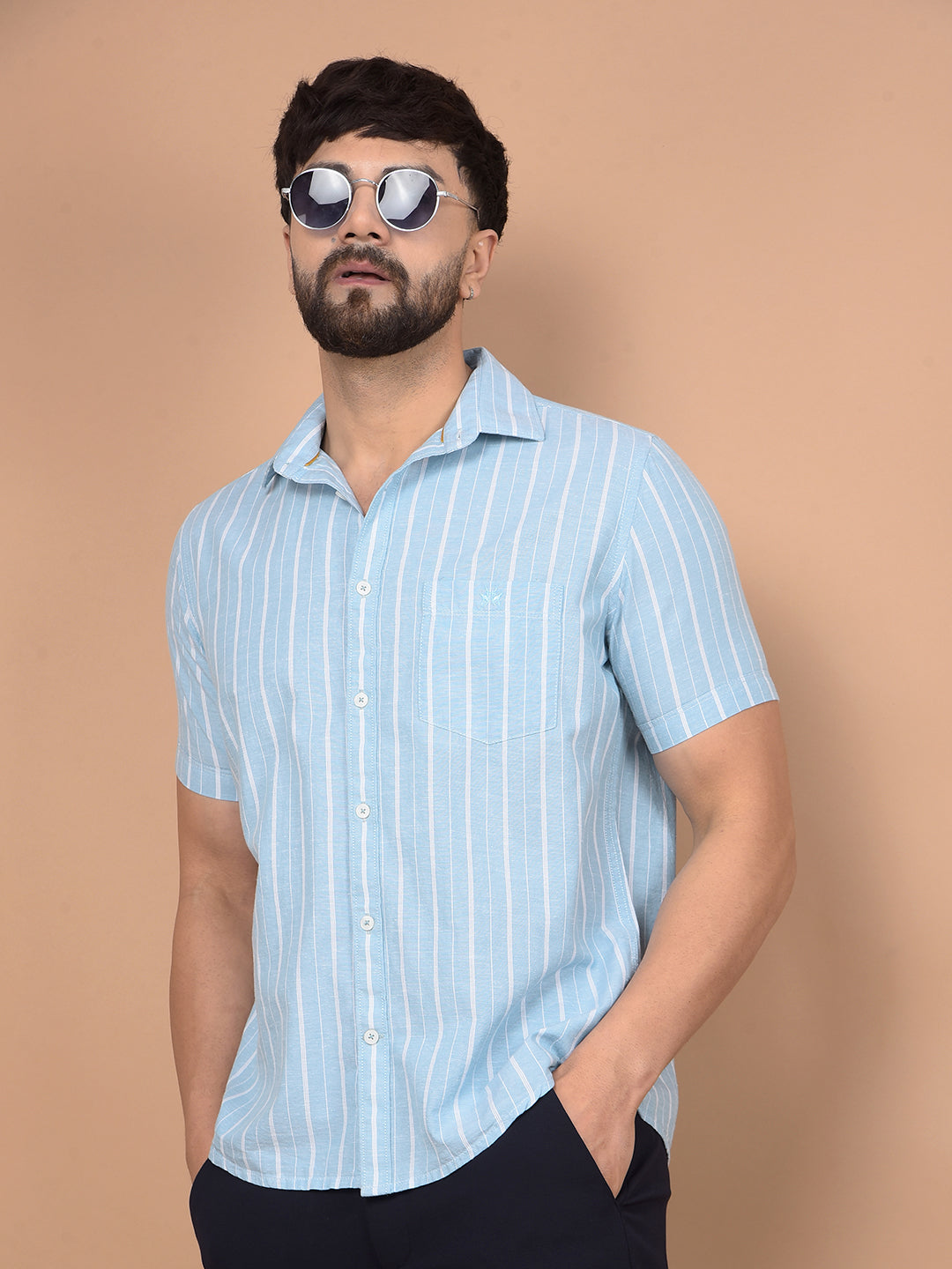 Green Vertical Stripes Linen Shirt-Men Shirts-Crimsoune Club