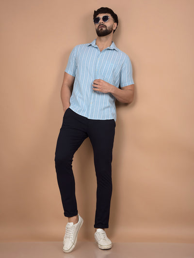 Green Vertical Stripes Linen Shirt-Men Shirts-Crimsoune Club