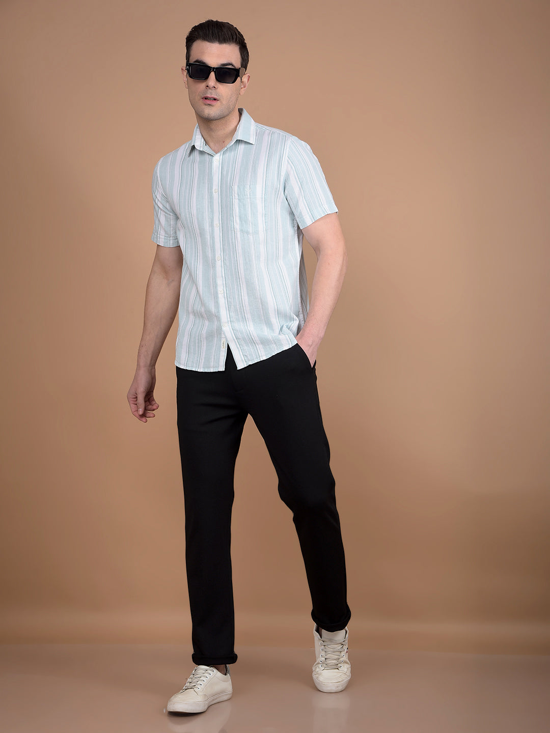 Green Vertical Stripes Linen Shirt-Men Shirts-Crimsoune Club