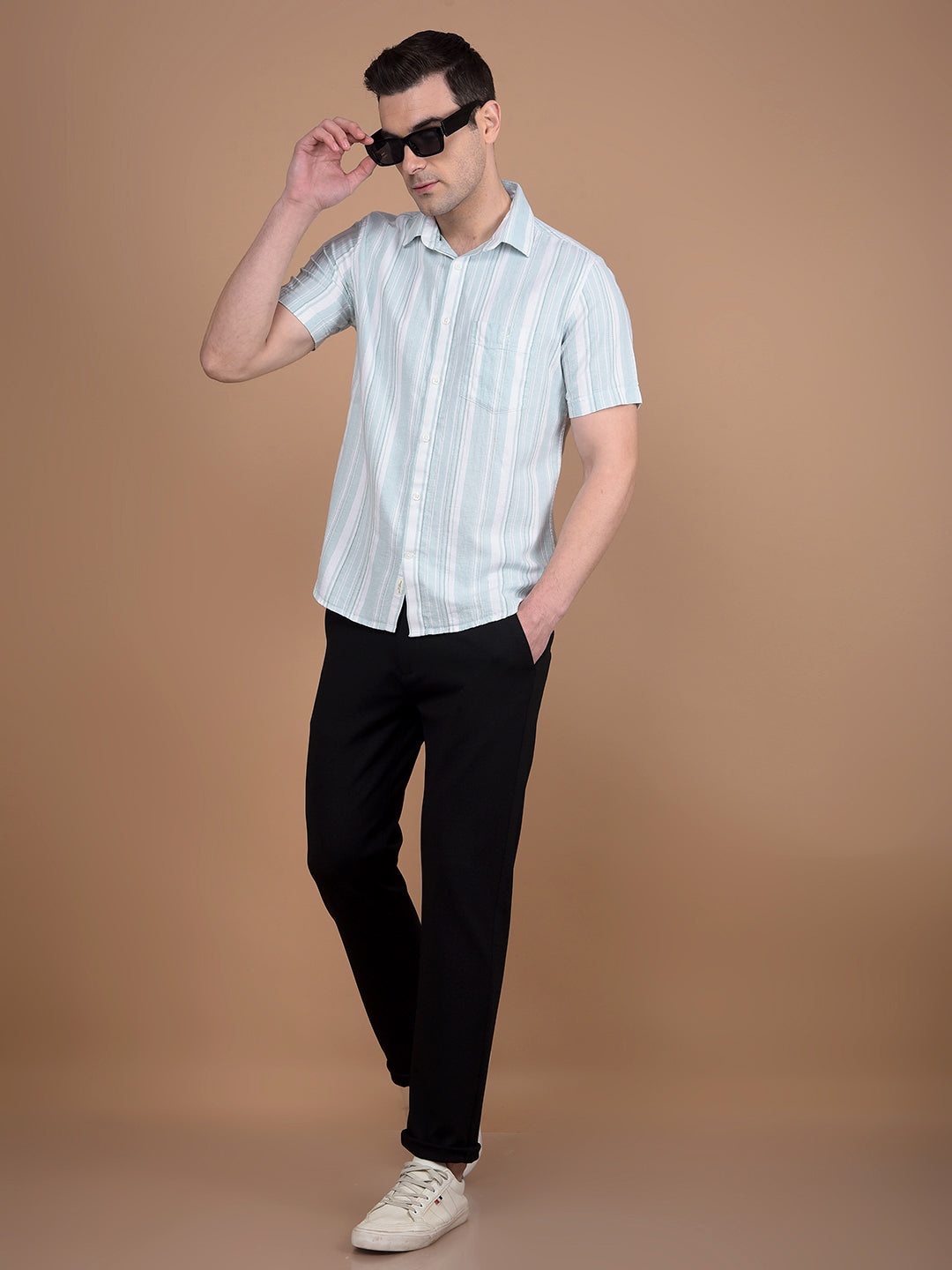 Green Vertical Stripes Linen Shirt-Men Shirts-Crimsoune Club