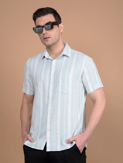 Green Vertical Stripes Linen Shirt-Men Shirts-Crimsoune Club