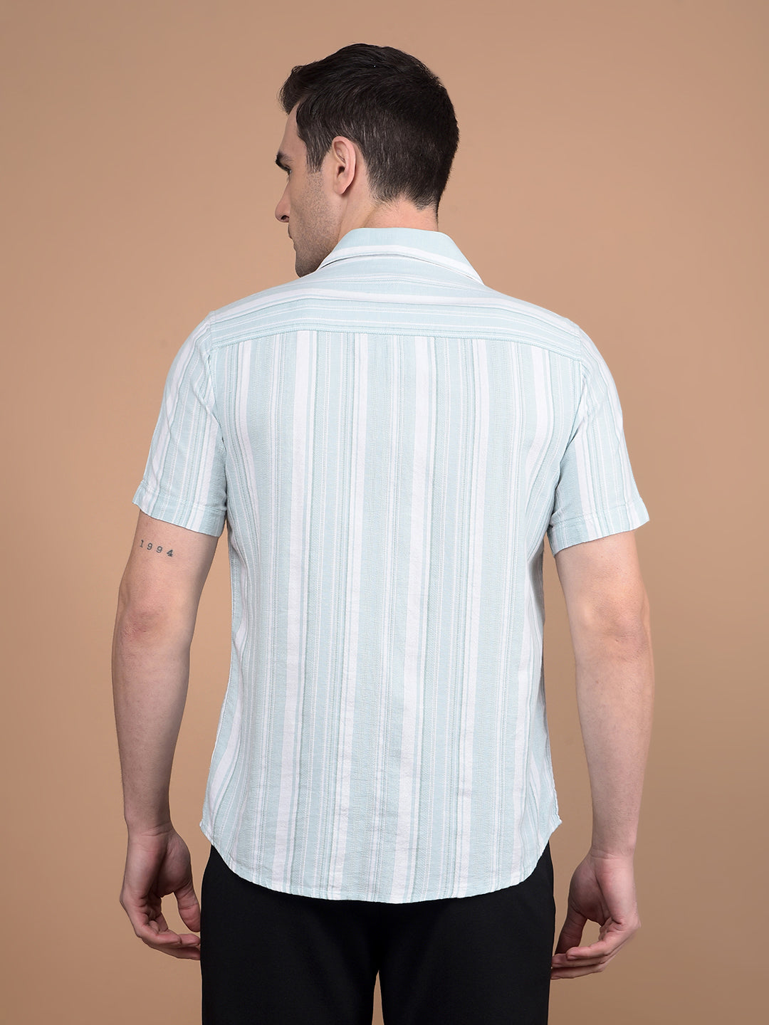 Green Vertical Stripes Linen Shirt-Men Shirts-Crimsoune Club