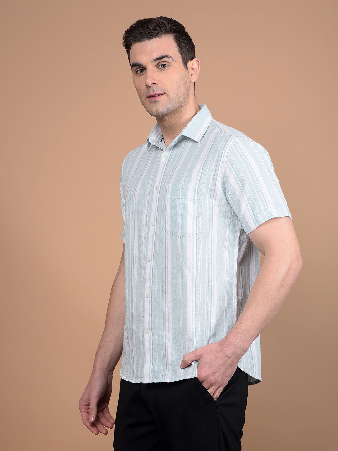 Green Vertical Stripes Linen Shirt-Men Shirts-Crimsoune Club