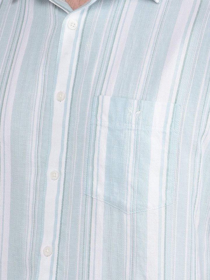 Green Vertical Stripes Linen Shirt-Men Shirts-Crimsoune Club