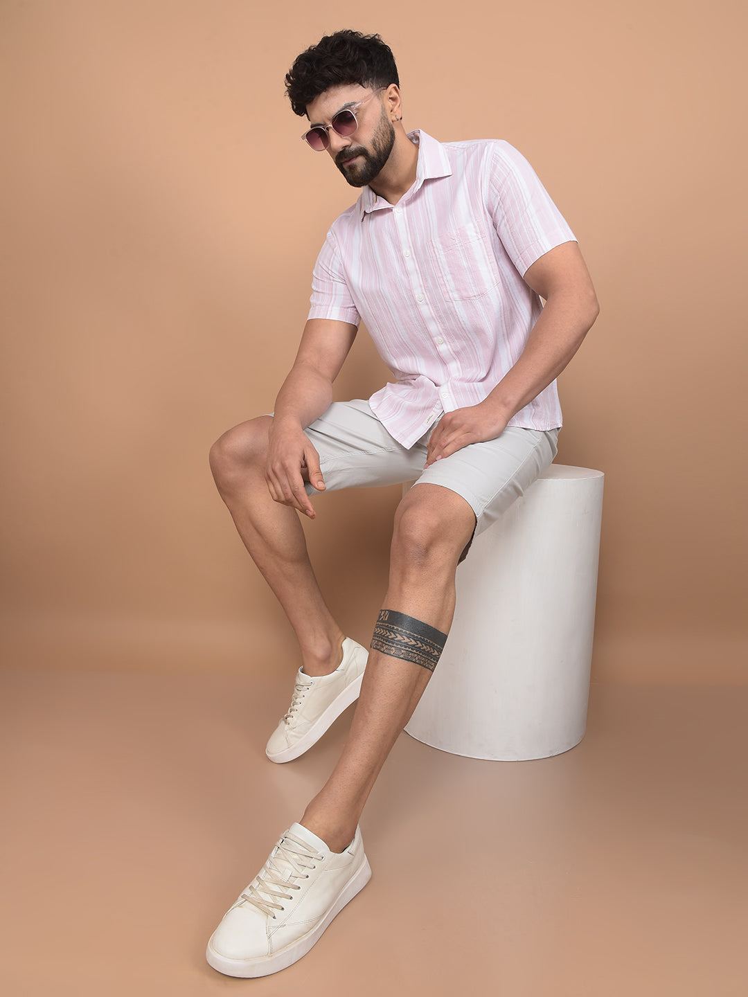 Pink Vertical Stripes Linen Shirt-Men Shirts-Crimsoune Club