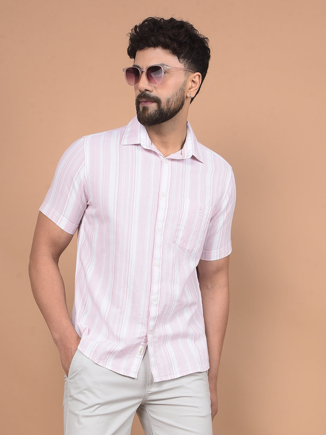 Pink Vertical Stripes Linen Shirt-Men Shirts-Crimsoune Club