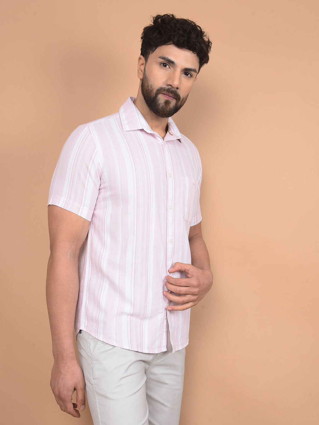 Pink Vertical Stripes Linen Shirt-Men Shirts-Crimsoune Club
