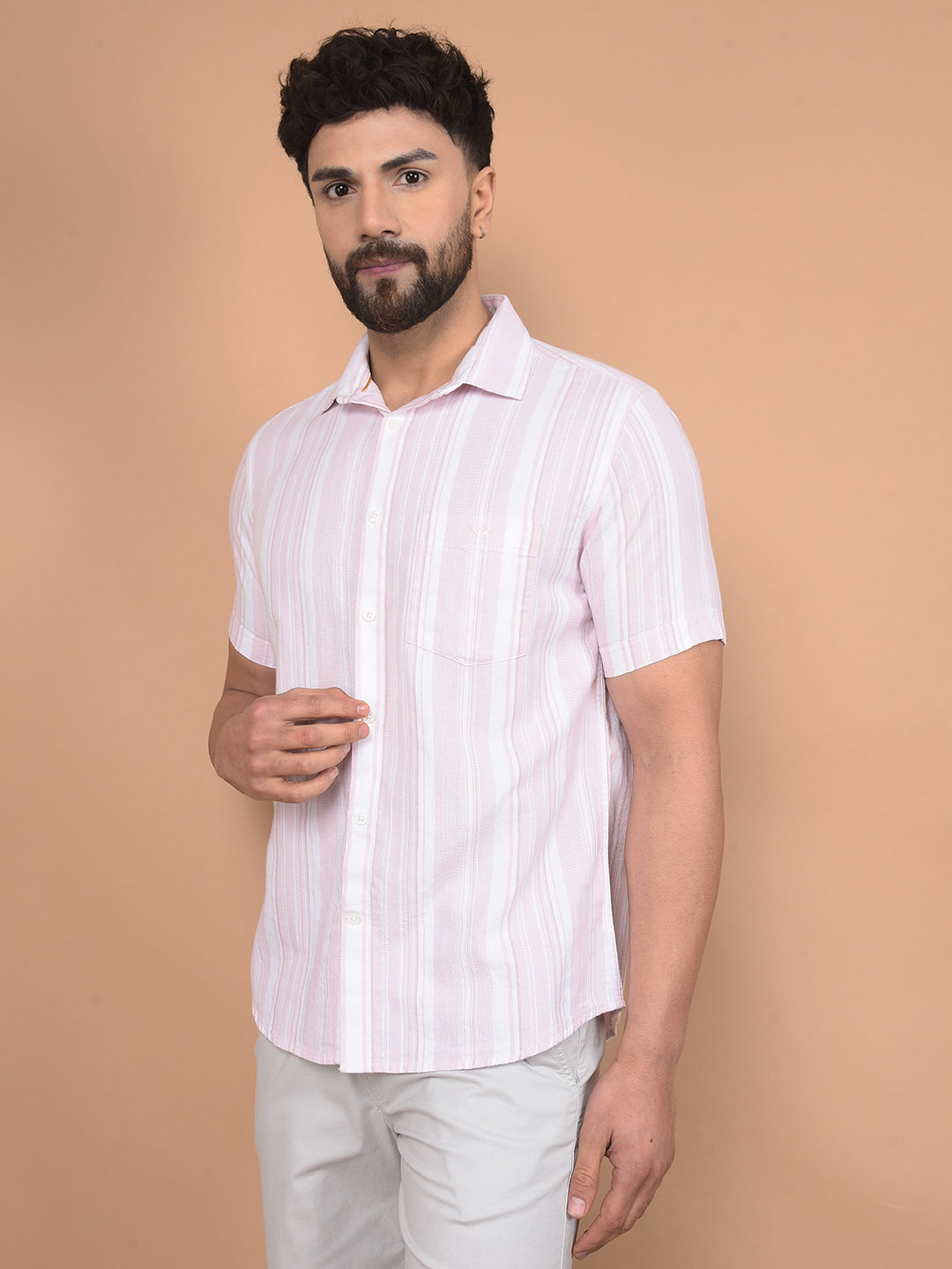 Pink Vertical Stripes Linen Shirt-Men Shirts-Crimsoune Club