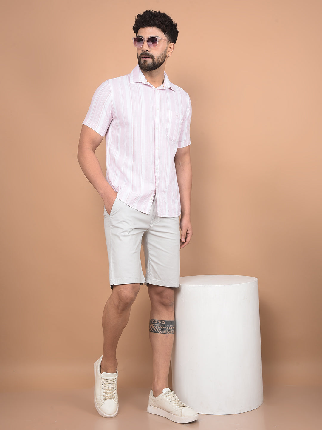 Pink Vertical Stripes Linen Shirt-Men Shirts-Crimsoune Club