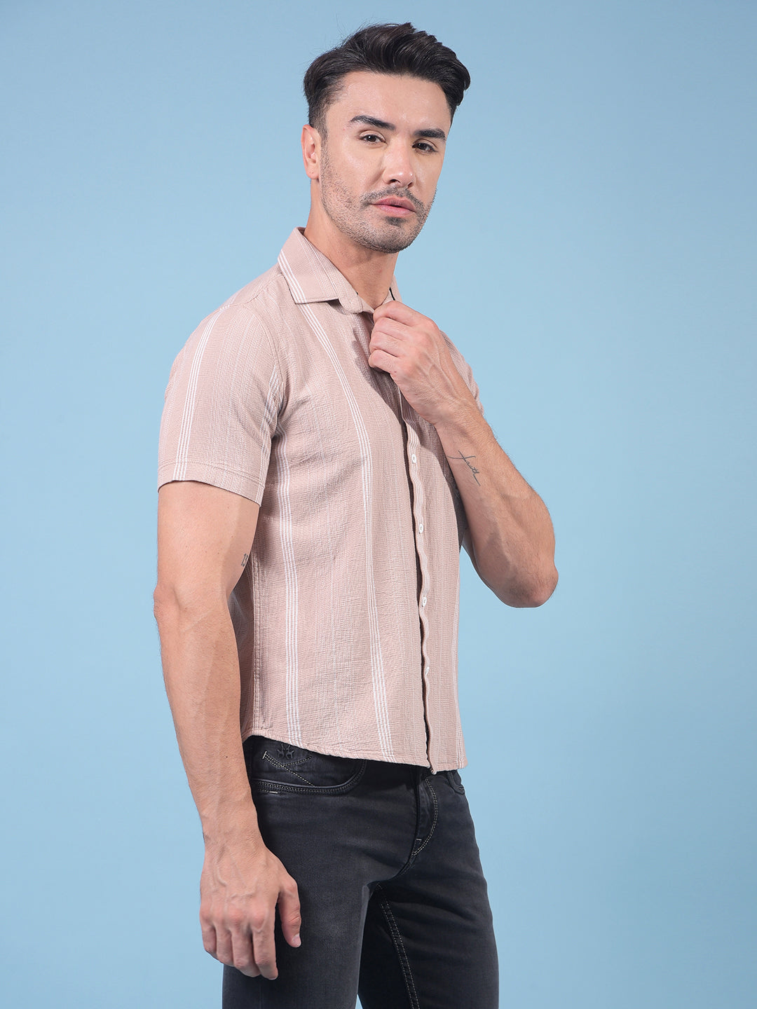 Brown Vertical Stripes 100% Cotton Shirt-Men Shirts-Crimsoune Club