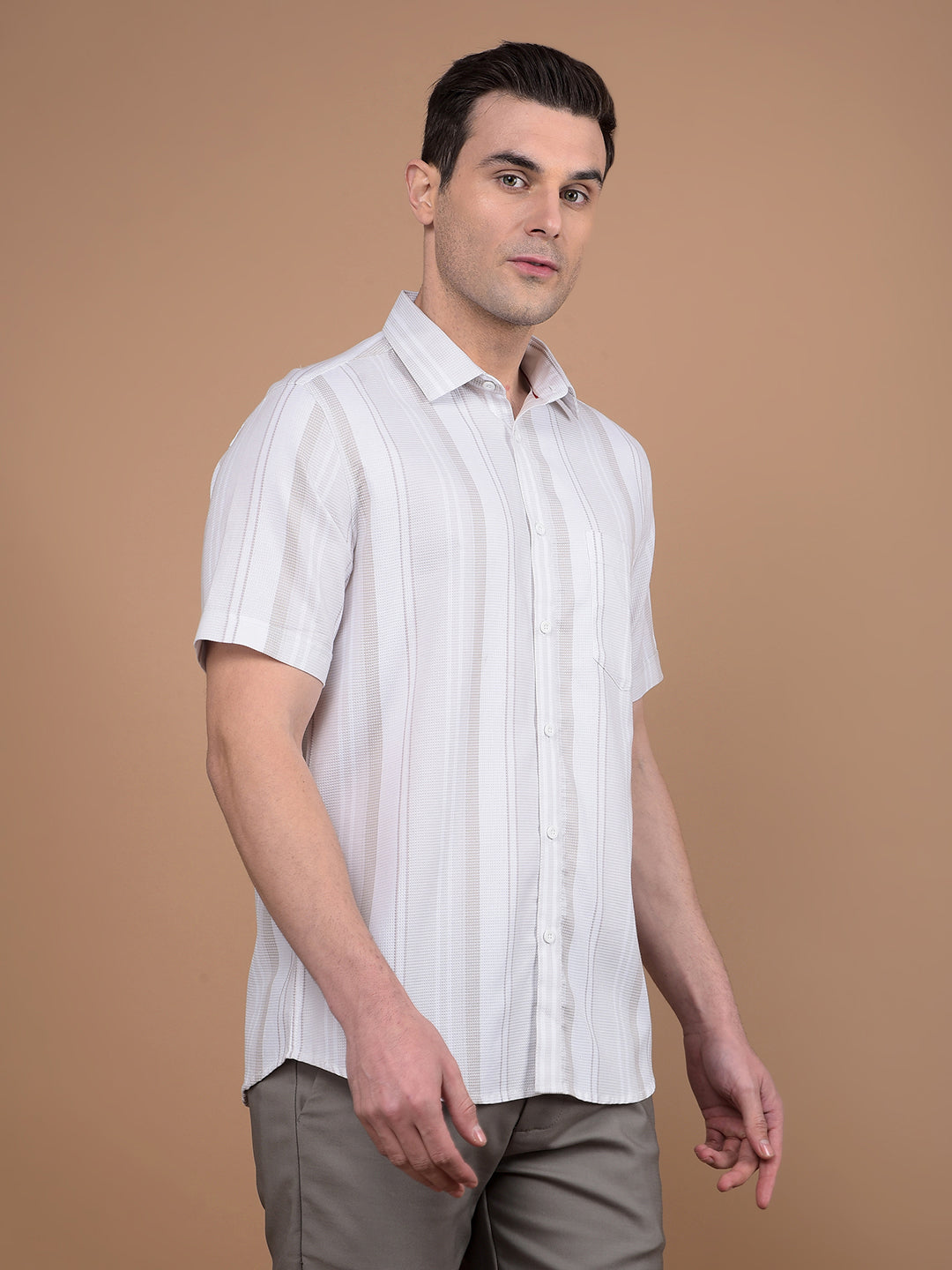 Beige Vertical Stripes 100% Cotton Shirt-Men Shirts-Crimsoune Club
