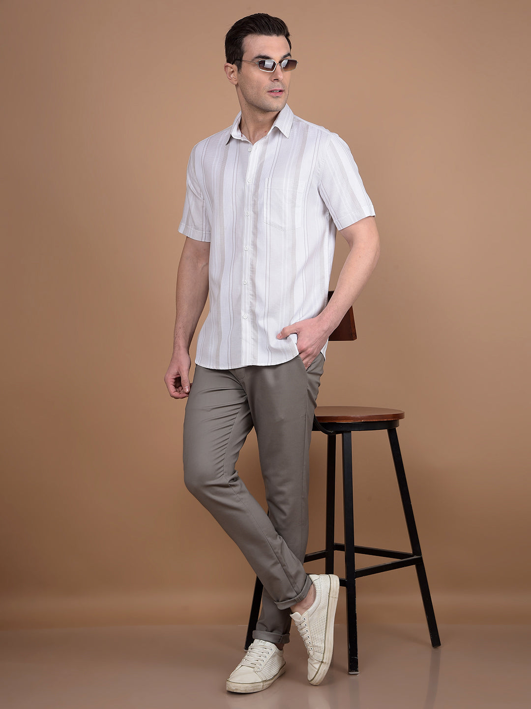 Beige Vertical Stripes 100% Cotton Shirt-Men Shirts-Crimsoune Club