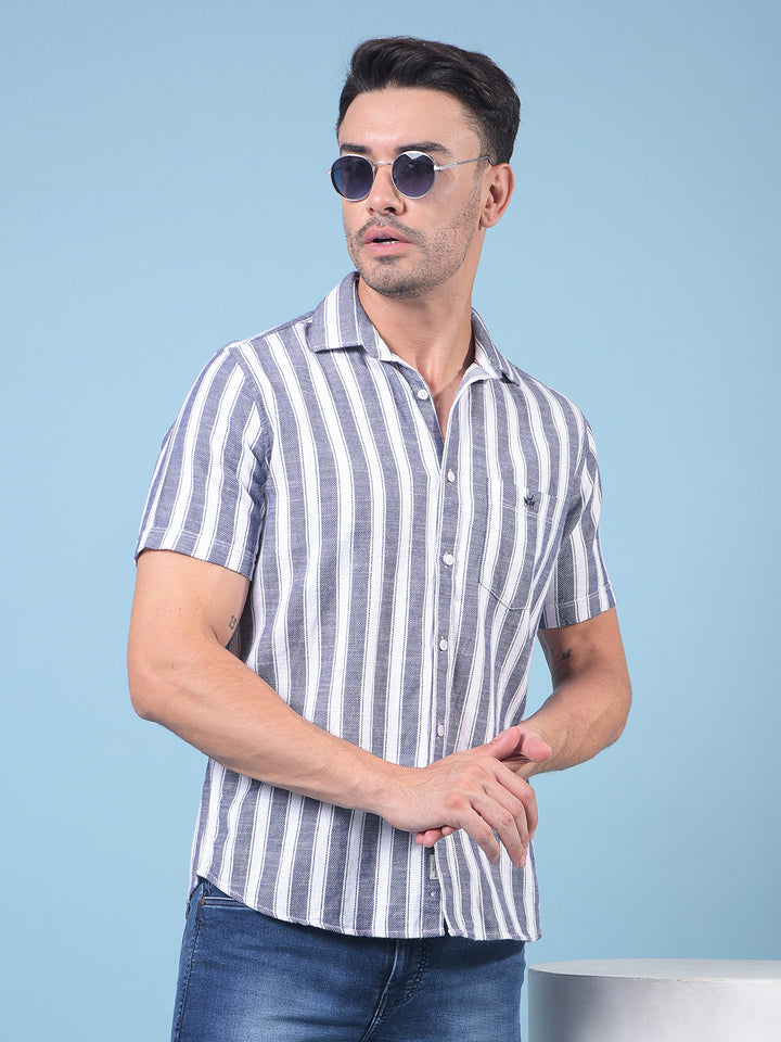 Navy Blue Vertical Stripes 100% Cotton Shirt-Men Shirts-Crimsoune Club