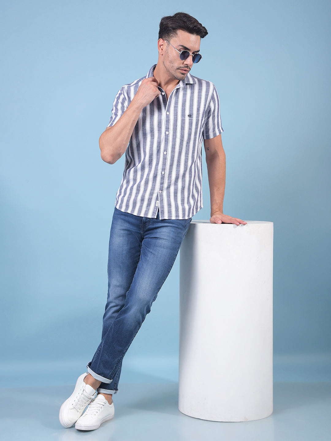 Navy Blue Vertical Stripes 100% Cotton Shirt-Men Shirts-Crimsoune Club