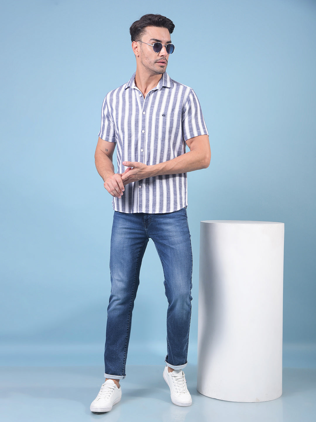 Navy Blue Vertical Stripes 100% Cotton Shirt-Men Shirts-Crimsoune Club