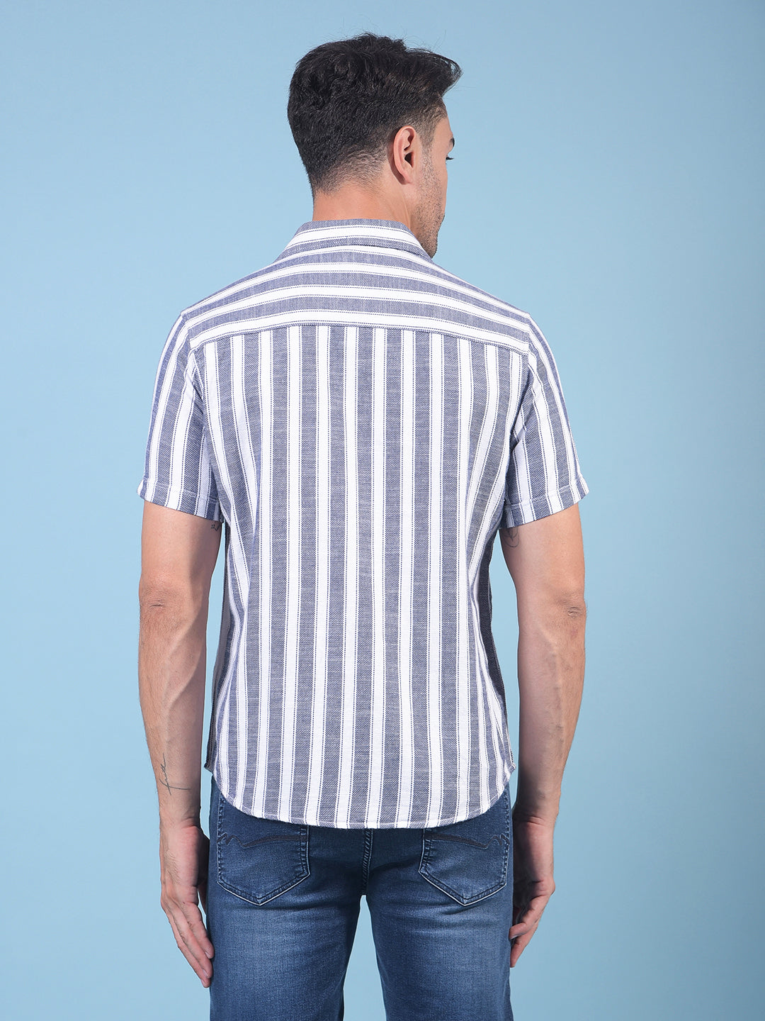 Navy Blue Vertical Stripes 100% Cotton Shirt-Men Shirts-Crimsoune Club