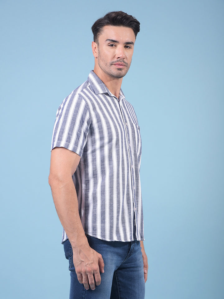 Navy Blue Vertical Stripes 100% Cotton Shirt-Men Shirts-Crimsoune Club