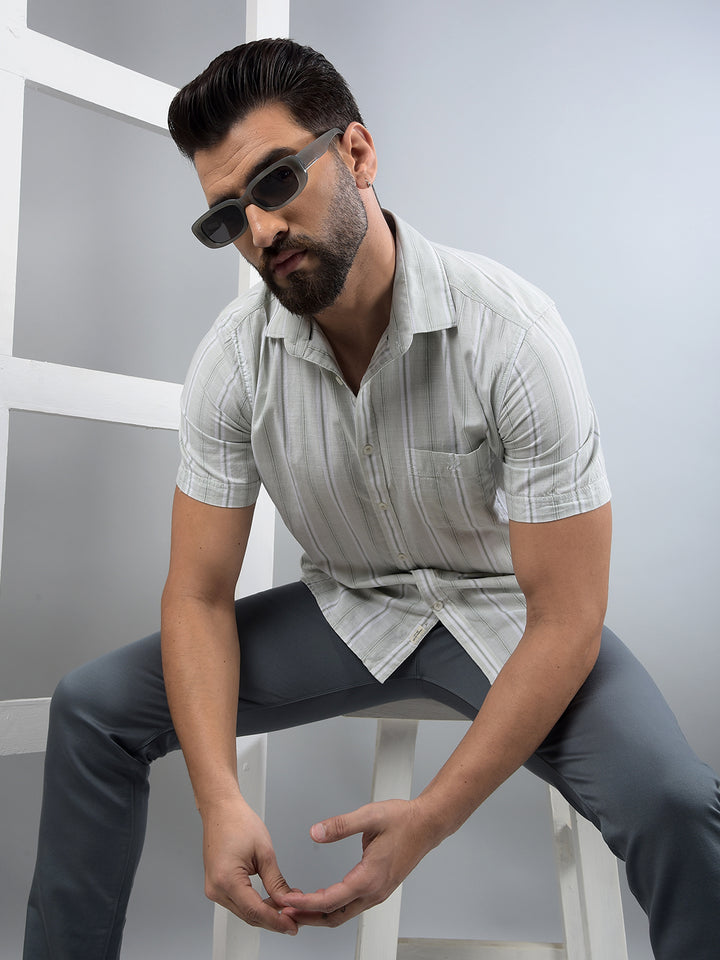 Green Vertical Stripes 100% Cotton Shirt-Men Shirts-Crimsoune Club