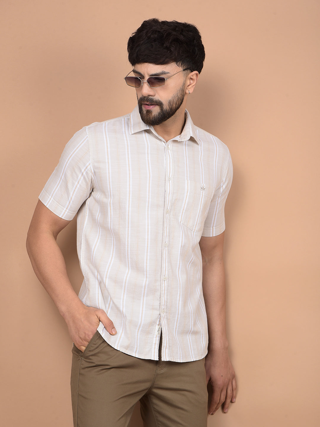 Beige Vertical Stripes 100% Cotton Shirt-Men Shirts-Crimsoune Club