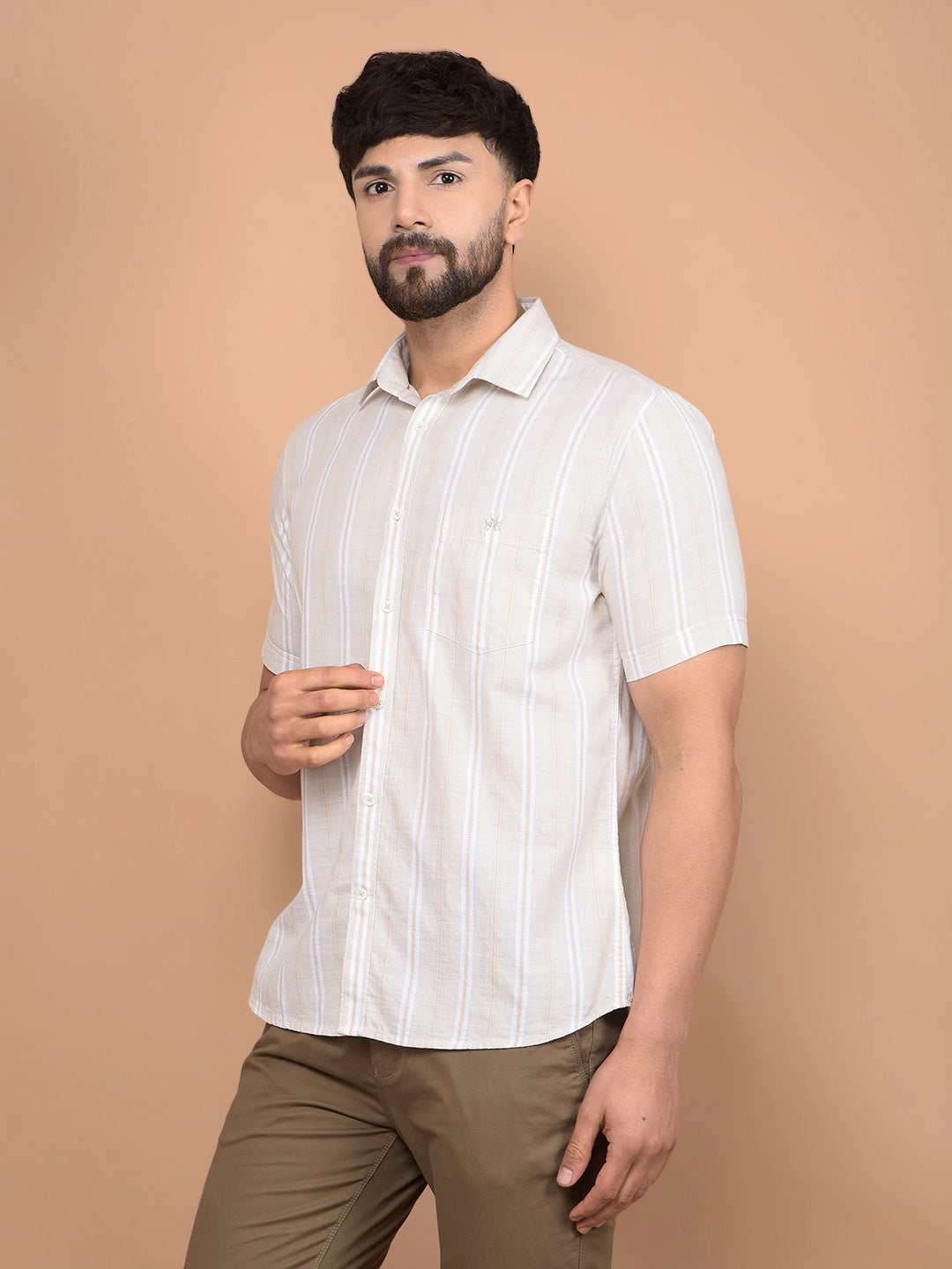 Beige Vertical Stripes 100% Cotton Shirt-Men Shirts-Crimsoune Club