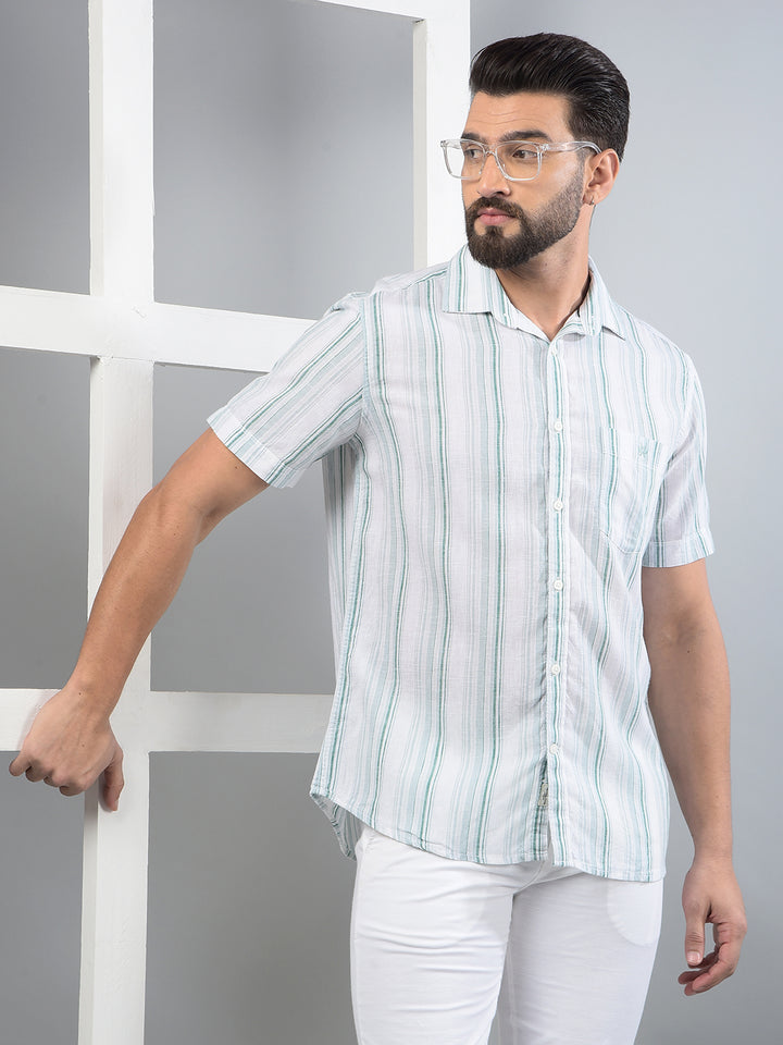 Green Vertical Stripes Linen Shirt-Men Shirts-Crimsoune Club