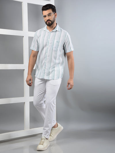 Green Vertical Stripes Linen Shirt-Men Shirts-Crimsoune Club