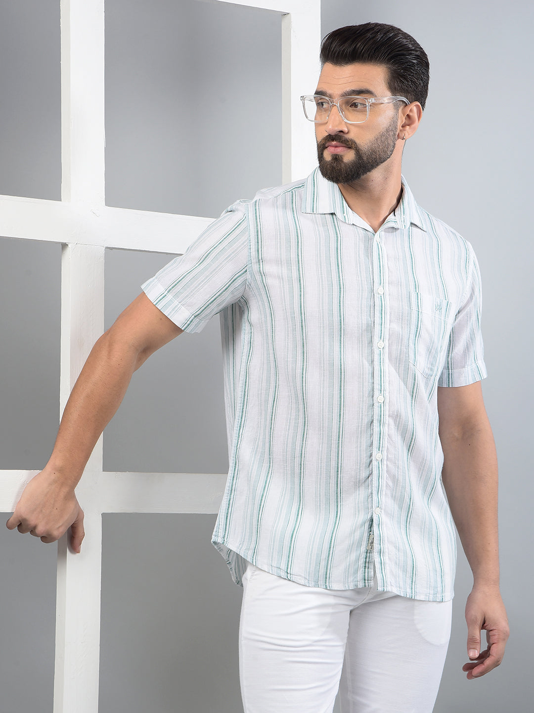Green Vertical Stripes Linen Shirt-Men Shirts-Crimsoune Club
