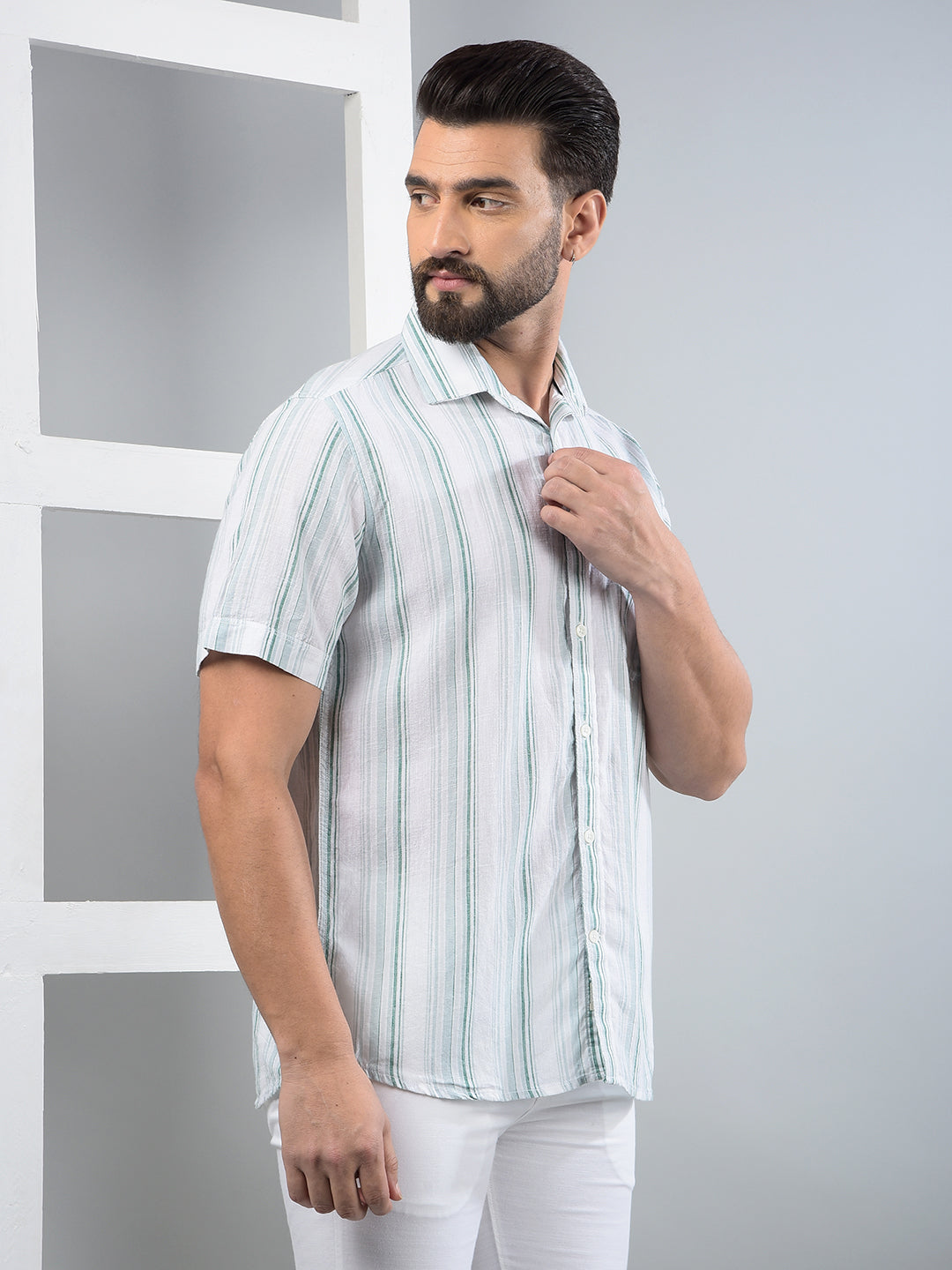 Green Vertical Stripes Linen Shirt-Men Shirts-Crimsoune Club