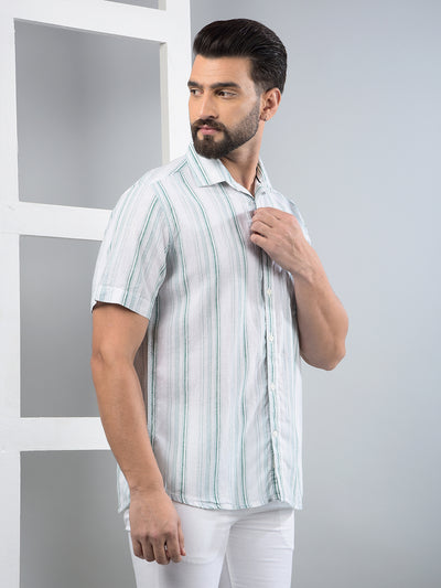 Green Vertical Stripes Linen Shirt-Men Shirts-Crimsoune Club