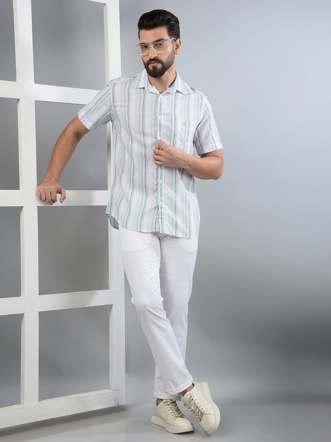 Green Vertical Stripes Linen Shirt-Men Shirts-Crimsoune Club